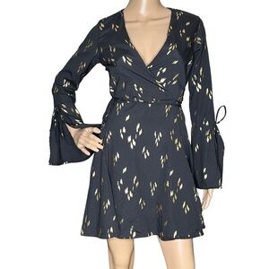 Lulu's Radiant Love black and gold wrap print dress Small